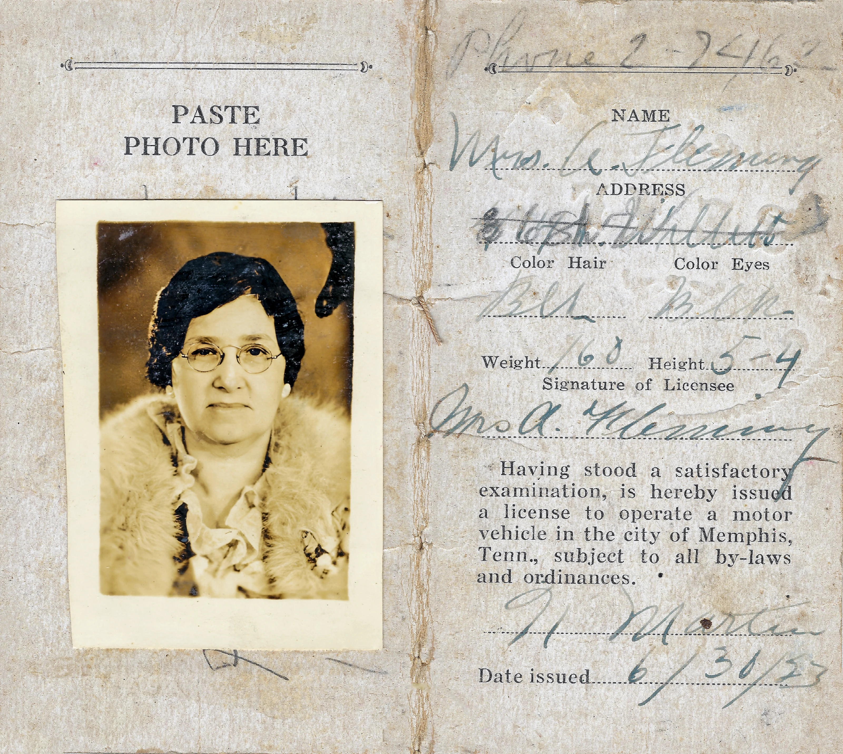 Alconia Sutherland Fleming's 1923 driver's license