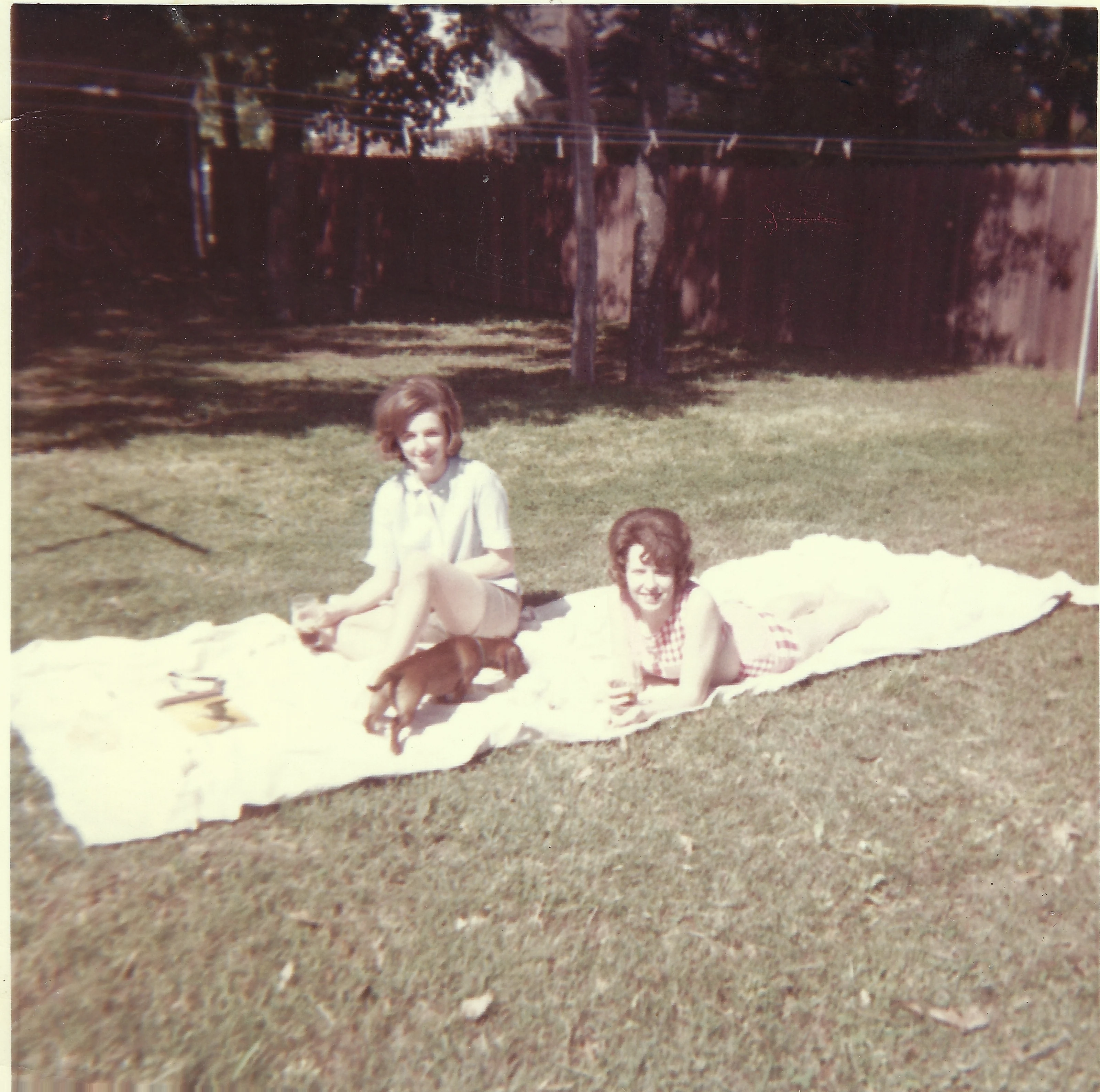 Cacky (b.1947) and another young woman relaxing on a blanket in a fenced backyard with a small dog, around 1966