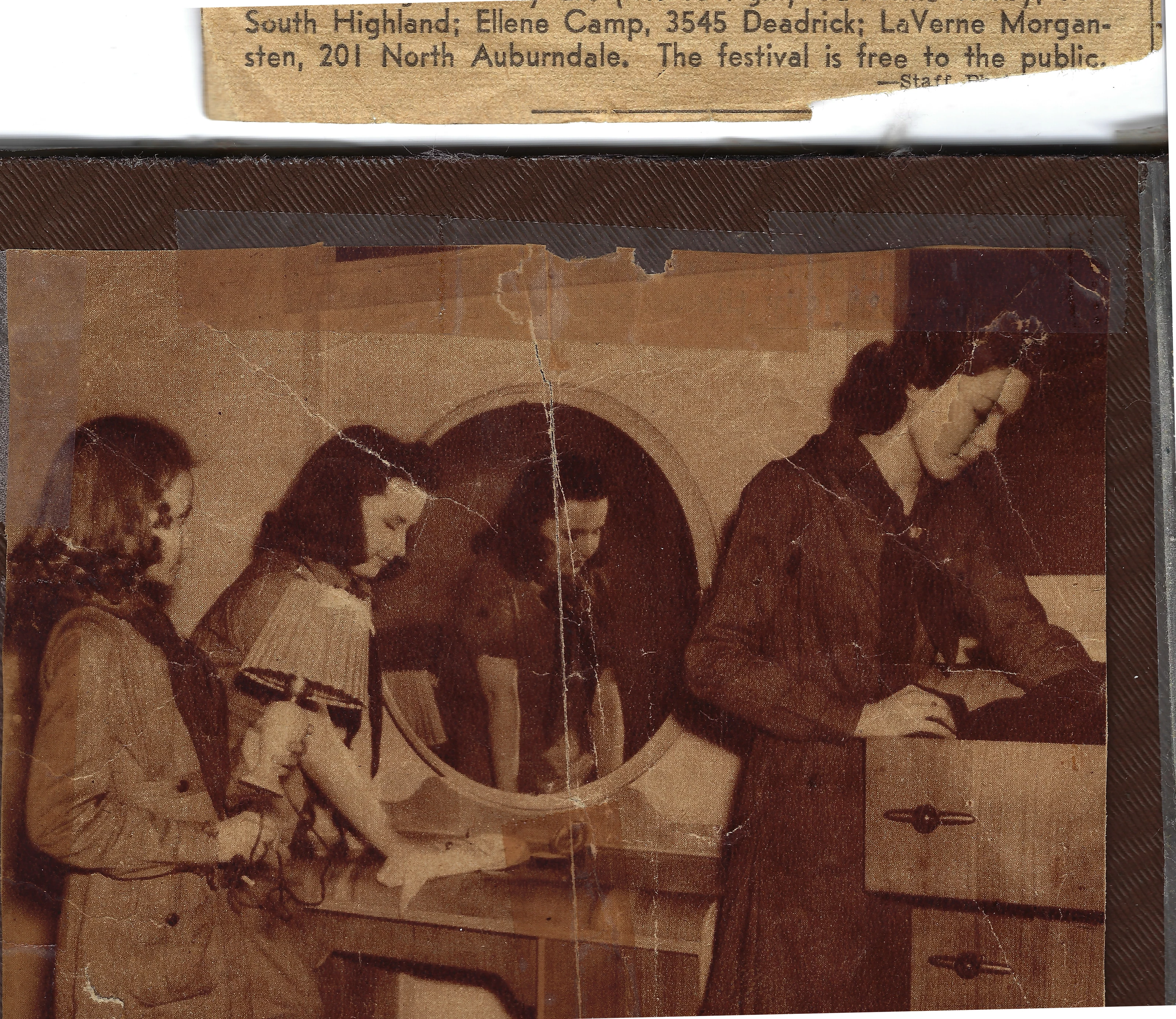 A 1938 newspaper clipping showing four girls at a mirror with festival details, kept in Gruzel's collection; Gruzel may be among them