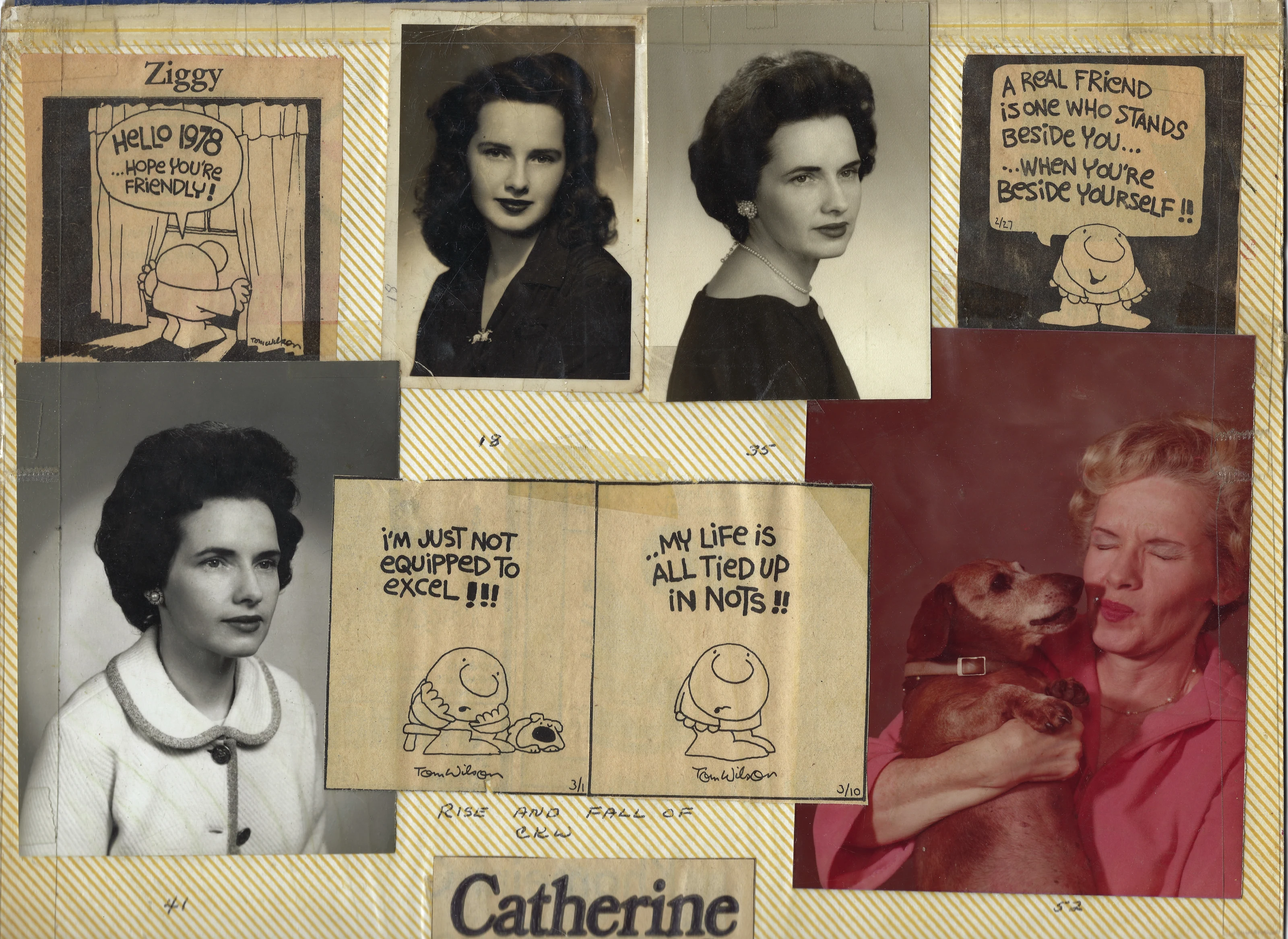 A scrapbook collage assembled by Gruzel with three black-and-white portraits, a color snapshot of her holding a dog, and Ziggy comic clippings including 'Hello 1978,' around 1978