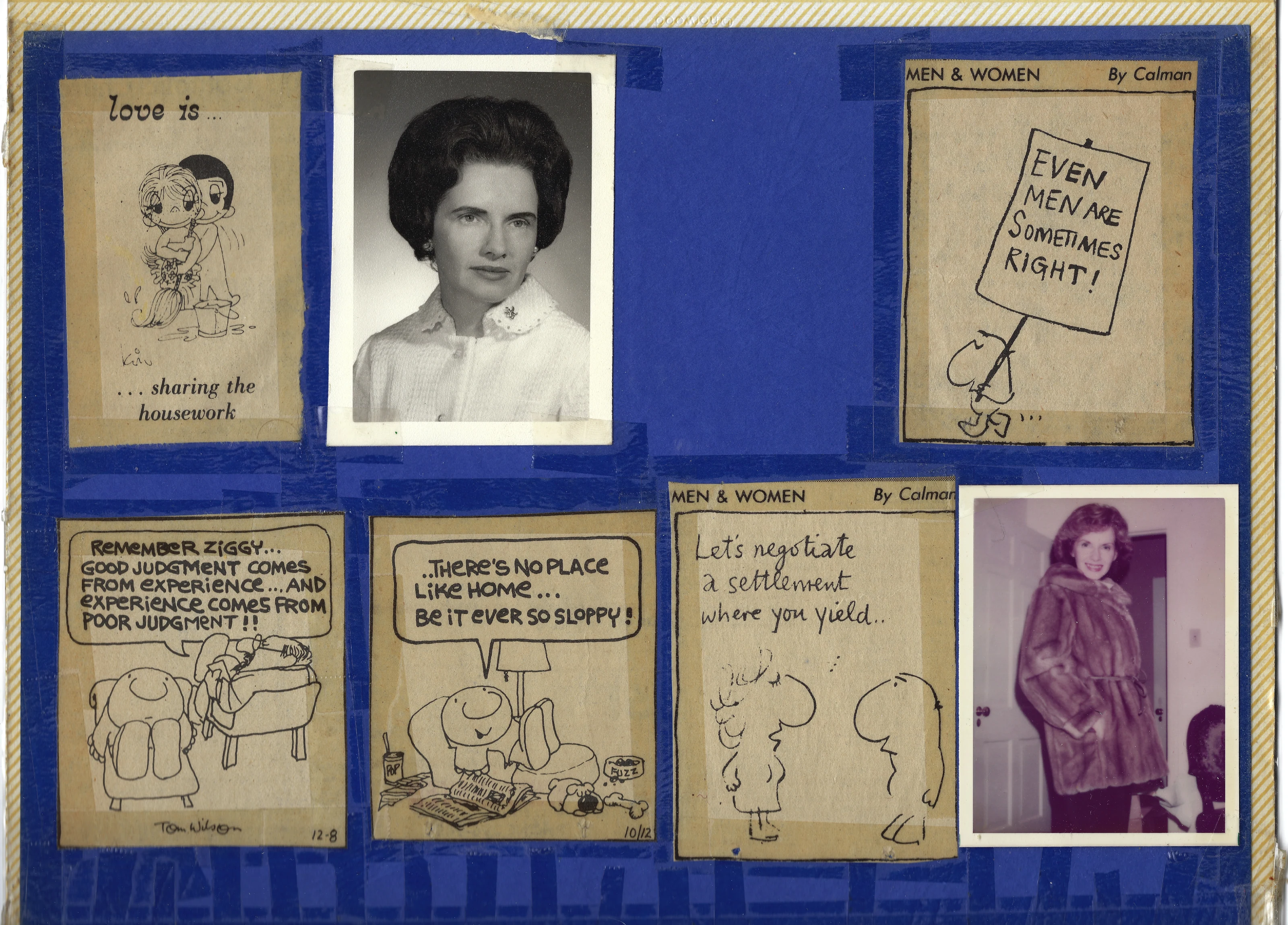 A scrapbook collage page made by Gruzel — a portrait of her surrounded by cut-out comic strips and a color snapshot of her in a fur coat, around 1980