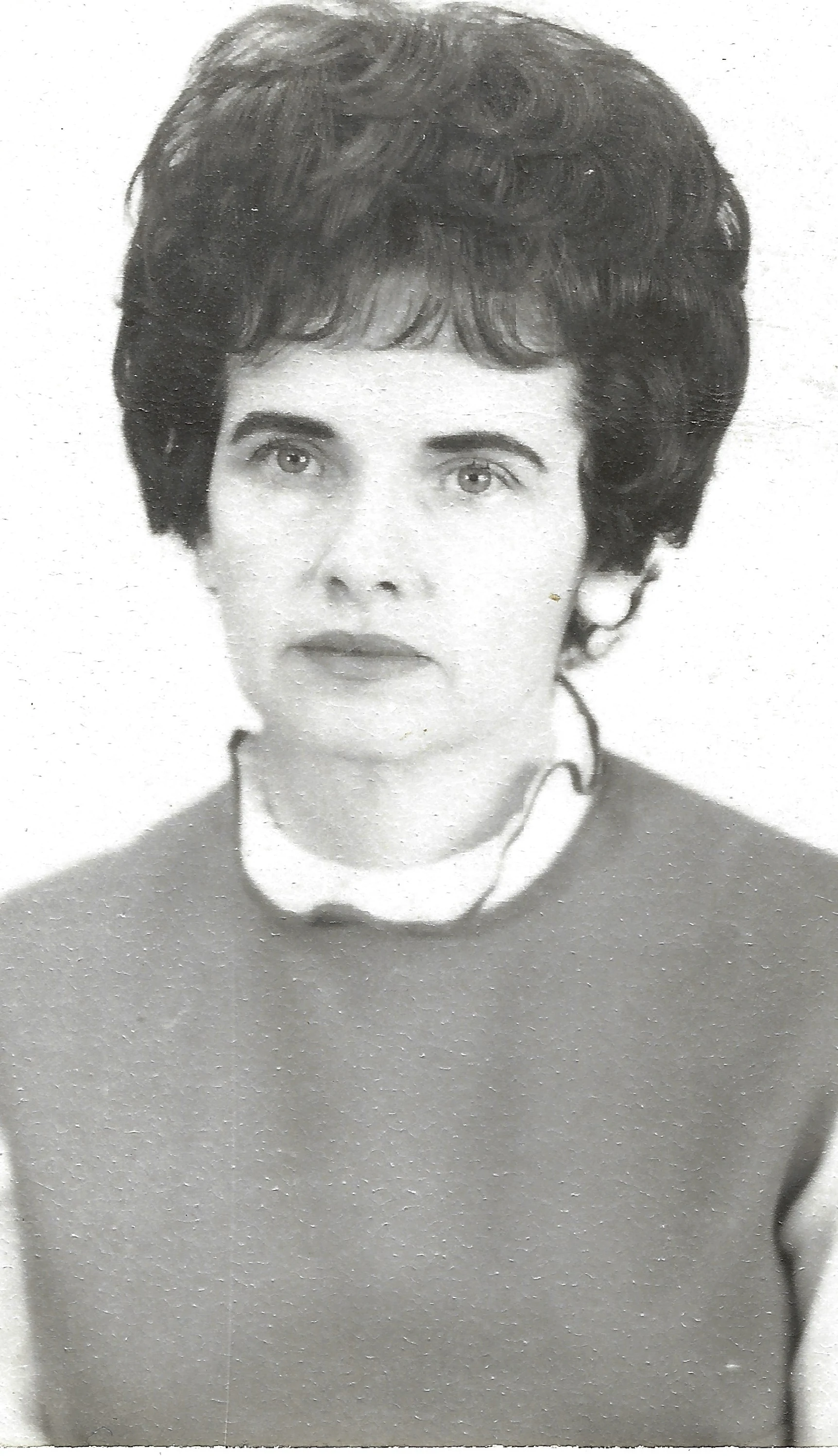 A black-and-white portrait of Gruzel (b.1924) with a bouffant and turtleneck, around 1965