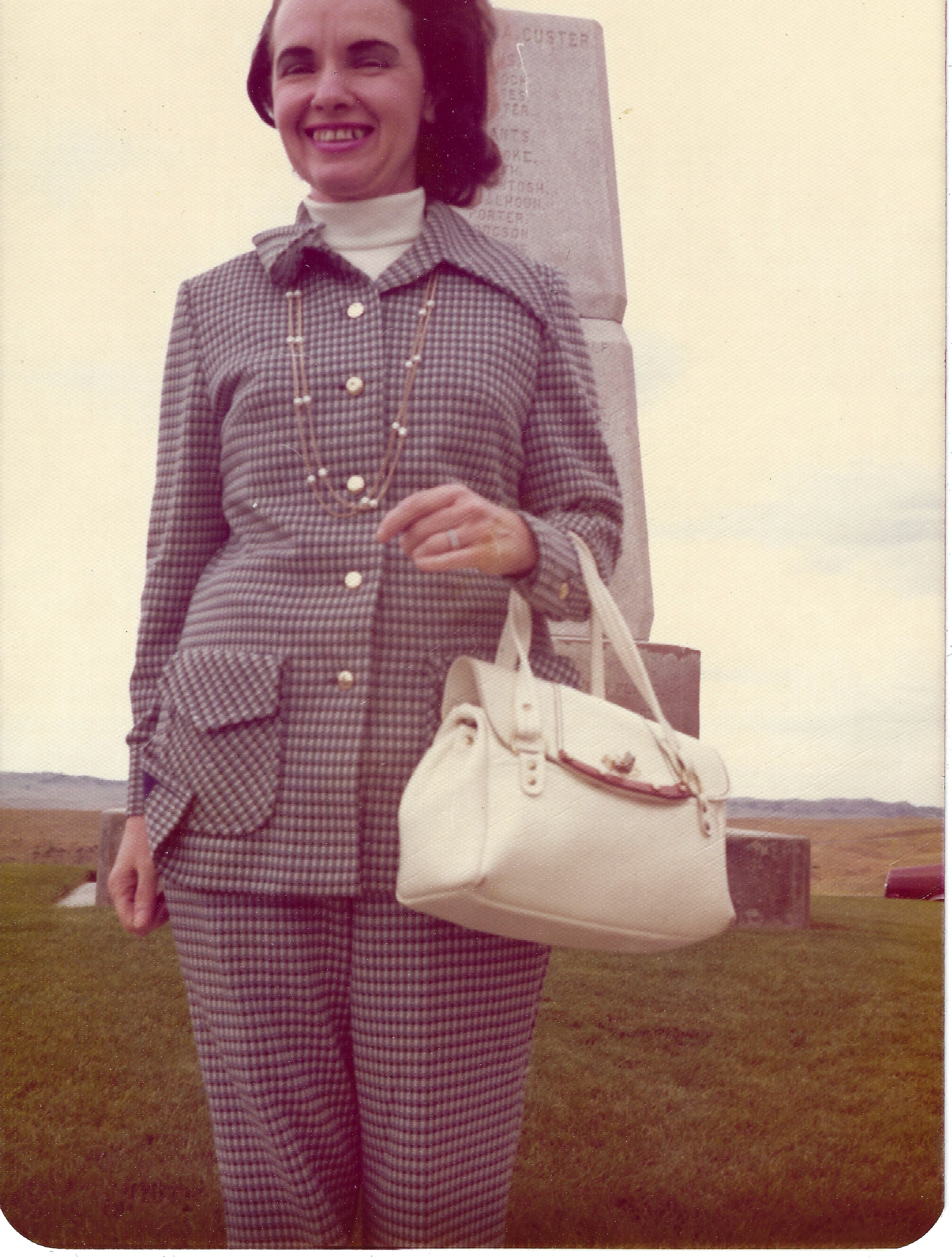 Gruzel (b.1924) in a check pantsuit at the Custer (Little Bighorn) battlefield monument, around 1972