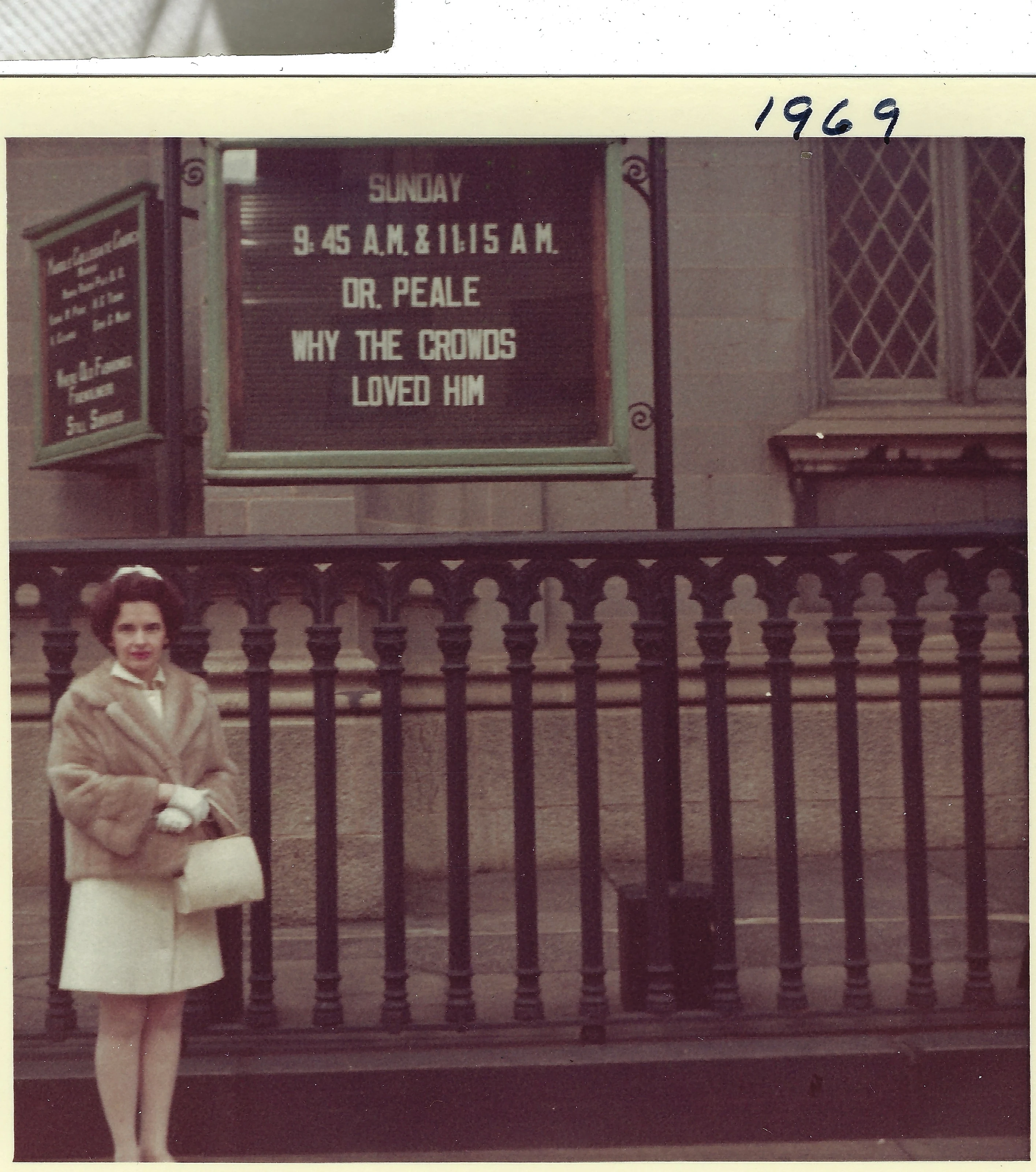 Gruzel (b.1924) in a fur coat outside Marble Collegiate Church (Dr. Norman Vincent Peale), New York, 1969 (the year is written on the photo)