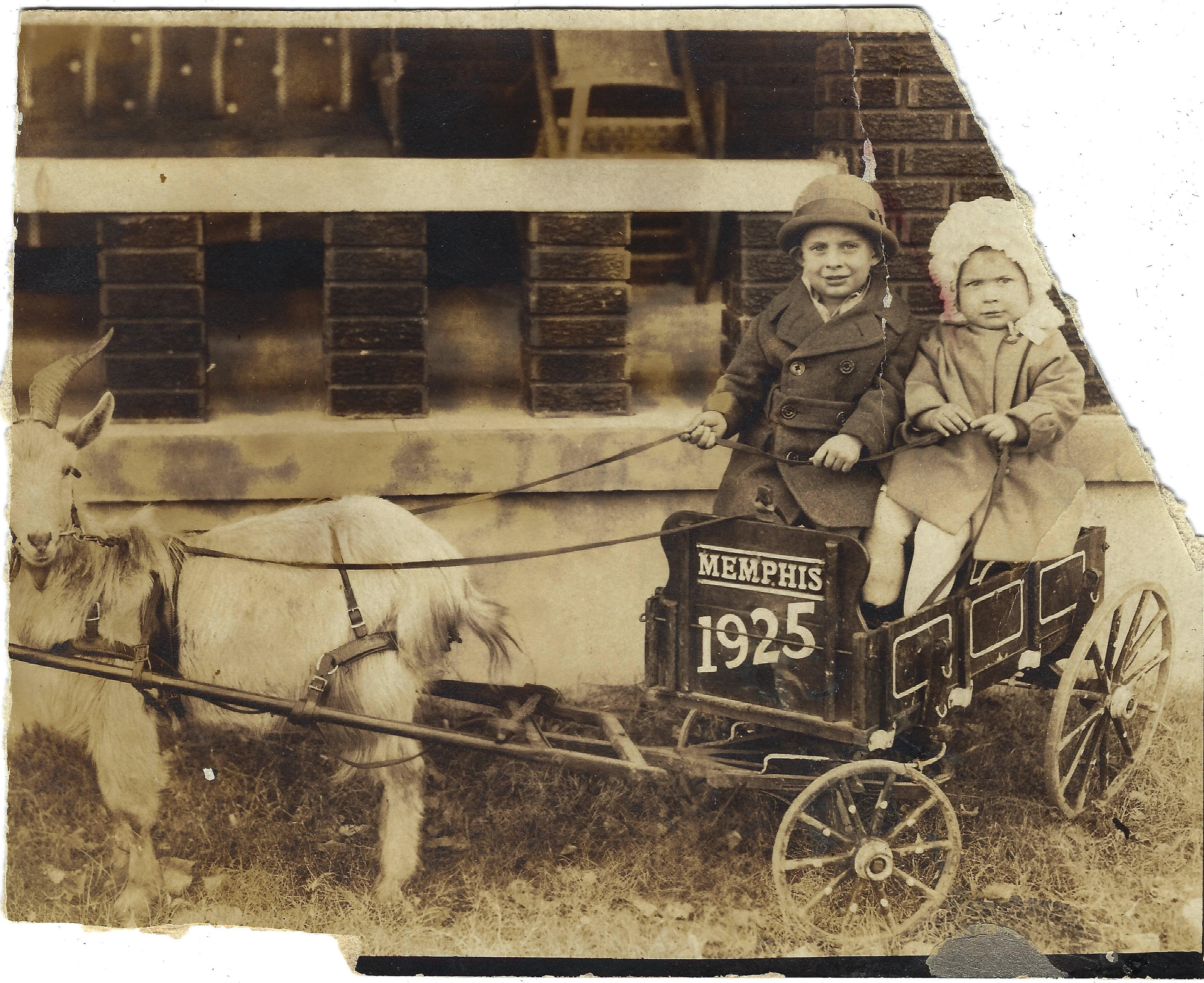 Kenny holding the reins beside his baby sister Gruzel in a goat-drawn cart lettered 'Memphis 1925'